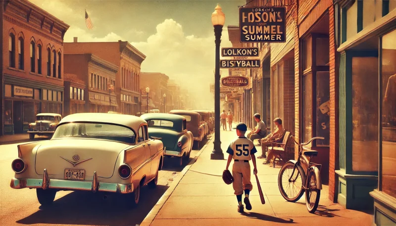 1960年代の夏、静かなアメリカの田舎町の通りを、野球グローブを持った少年が歩くノスタルジックな風景