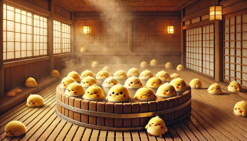 木製の温泉に整列して浸かる黄色くふわふわしたひよこ型の精霊たちが、竹の壁に囲まれた浴場で穏やかなひとときを楽しんでいる様子