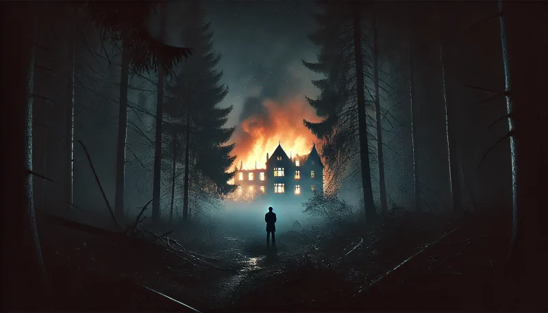 夜の森の中から、遠くに見える燃え上がる建物を一人の人物が見つめている場面。闇の中に炎の赤い光が怪しく浮かび上がり、破滅の予感を漂わせている。