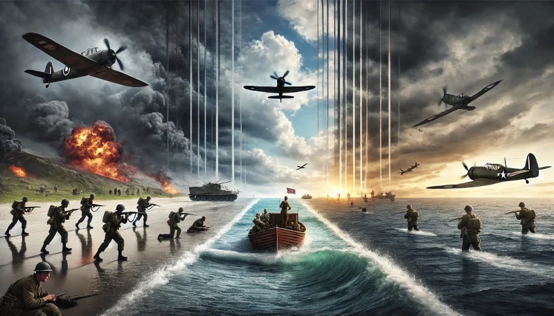 ダンケルクの陸・海・空で同時進行する三つの時間軸を象徴的に表現した戦争シーン。兵士、民間船、戦闘機が一つの画面に描かれている。