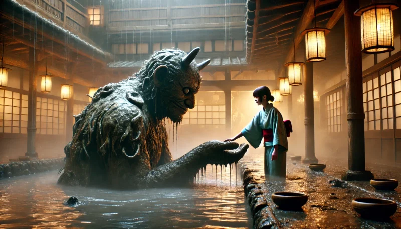 湯屋の中で泥だらけの精霊を優しく手助けする少女の姿。誠実さと他者への思いやりを象徴するヒューマニティに満ちたファンタジーシーン。