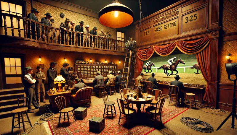 1930年代のヴィンテージな馬券売り場を模した詐欺師たちによる偽装セットの様子。古い家具や服装の人物たち、隠されたスピーカーと放送機器が詐欺のトリックを演出している。