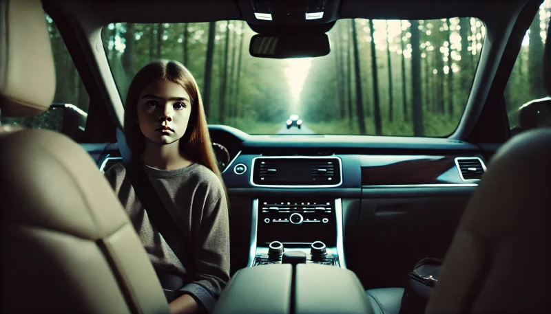車の助手席に座る10歳の少女が、森林の中を走る車内で退屈そうに外を見つめている様子。思春期の入り口に立つ内面的葛藤と成長の始まりを象徴するシーン。