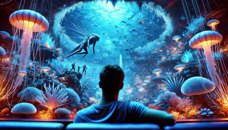 光り輝く海で巨大なクジラ型の知的生命体が捕獲されるシーン。未来的な船に乗ったエイリアンたちが狩りを行い、背後では他の異星人が葛藤する様子で見つめている。環境問題や倫理的メッセージ性の強い場面。