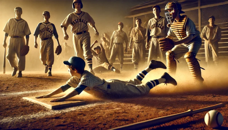 1960年代の夏の野球場で、ホームプレートへ全力でスライディングする少年。砂埃が舞い上がり、緊張感に満ちた劇的な瞬間