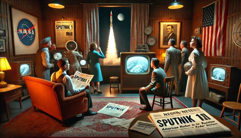 スプートニク打ち上げ報道に動揺する1950年代アメリカの家庭と科学者たちの様子。テレビ、新聞、研究施設が時代の緊迫感を再現。
