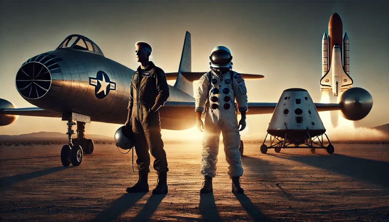 夕暮れの砂漠で背中合わせに立つテストパイロットと宇宙飛行士。航空機と宇宙船を背に、異なる時代と役割を象徴する感動的な構図。