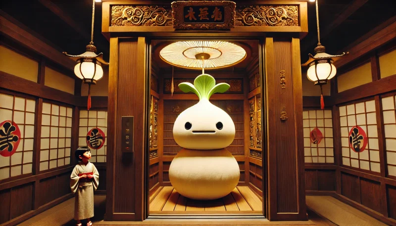 日本風のエレベーター内に立つ大きく白く丸い大根のような神様が、小さな少女とともに静かに佇んでいる幻想的なシーン