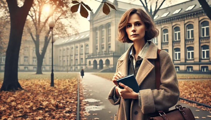 秋の大学キャンパスを静かに歩く30代前半の女性。手にノートを持ち、過去と向き合うような思索的な表情を浮かべている。落ち葉と曇り空が時間の経過と内省を表現する。