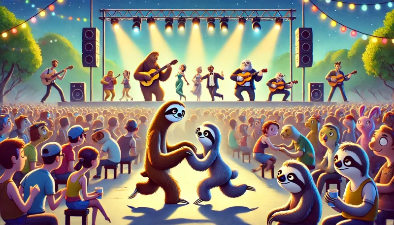 明るくにぎやかなコンサート会場で、観客の動物たちが楽しげに踊る中、中央でゆっくりと寄り添って動くナマケモノのカップルがロマンチックに描かれたシーン。