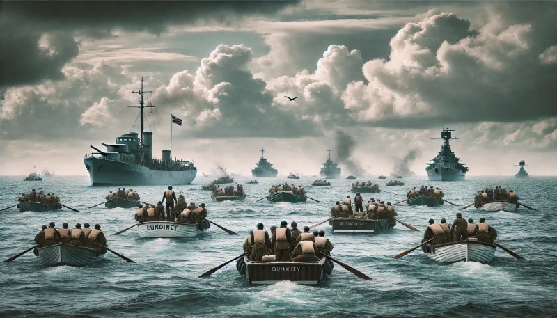 - 第二次世界大戦中、英仏兵を救出するために海を渡る民間船団。煙が立ち込める中、兵士たちを乗せた小型船がフランスの海岸から脱出している。