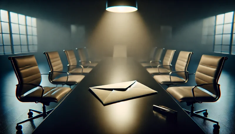 近代的な会議室の中央に、ひとつだけ開封されていない封筒が置かれている。周囲の椅子は空席で、場の緊張感と謎めいた雰囲気を強調する象徴的なシーン。