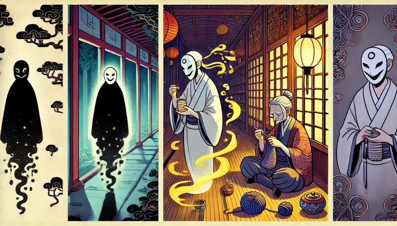 白い仮面をつけた黒い影の精霊が、姿を変化させながら幻想的な日本風の空間を移動し、孤独・暴走・安らぎの3つの姿を順に表しているシーン