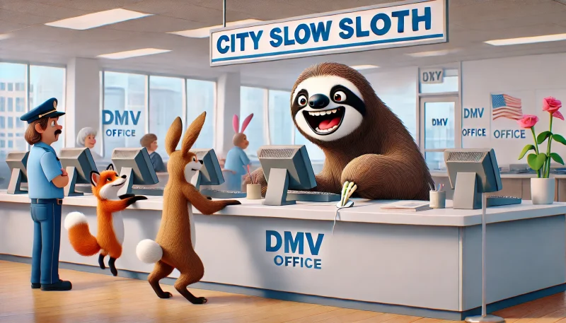 都市の免許センターで、カウンターのナマケモノがゆっくりとキーボードを打つコミカルな場面。前にはウサギとキツネが待っていて、呆れた表情でナマケモノの動きを見つめている。