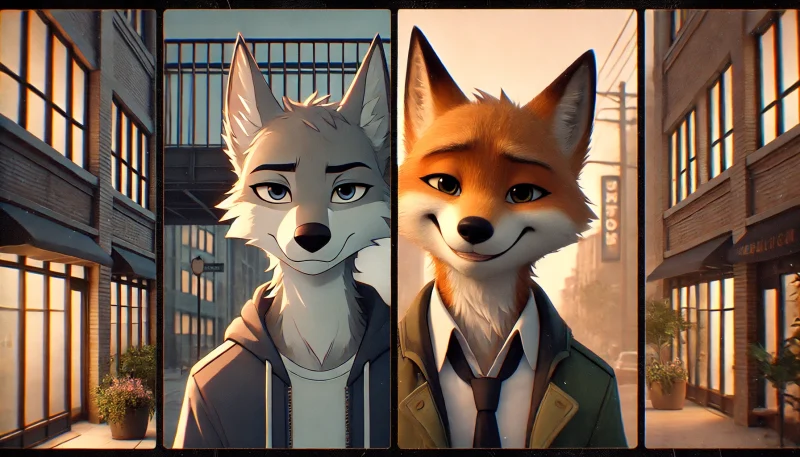 　左右に分かれた2匹のキツネキャラクターが、それぞれクールな雰囲気と温かみのある優しい表情で描かれ、英語版と日本語吹き替え版の声優によるキャラクター演出の違いを象徴する構図。