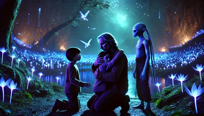 幻想的に光る夜の異世界で、父親のエイリアンが子供たちを守るように抱きしめている感動的なシーン。家族の絆や感情の交錯が描かれ、強いエモーショナルな物語性を感じさせる。