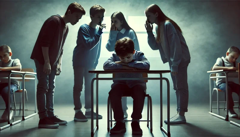 教室内で机に伏してうつむく生徒と、その周囲でひそひそ話をしながら見下す他の生徒たち。孤立と精神的な圧迫感を象徴する重苦しい雰囲気の描写。