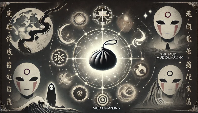 神秘的な光を放つ泥団子を中心に、黒い煙が光の粒へと変化する幻想的な表現。背景には川の神や仮面の精霊の影がぼんやりと浮かぶ、浄化と癒やしを象徴するアニメ調イラスト。