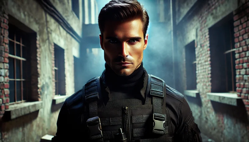 1990年代のスパイ映画風の薄暗い路地に立つ、寡黙で感情を見せない男性スパイの姿