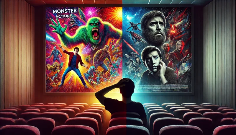 左側に派手なポスターを期待して映画館に入る人物、右側では暗い劇場で静かなドラマを観ながら困惑する人物の対比。期待と現実のギャップを象徴的に表現したシーン。