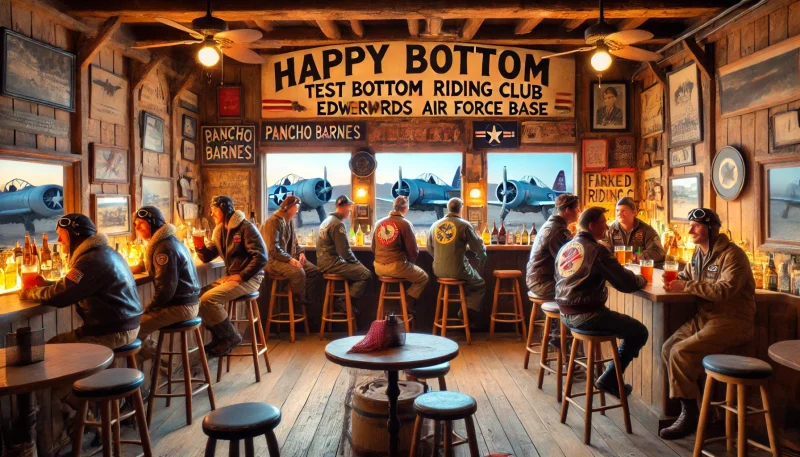 1950年代、パンチョ・バーンズのバーに集うテストパイロットたちの様子。ウッド調の内装と航空機の装飾、仲間意識の強さを表現した温かい場面。