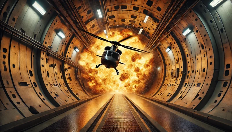 トンネル内でヘリコプターが爆発炎上する決定的瞬間を描いた、緊迫感あふれるクライマックスシーン
