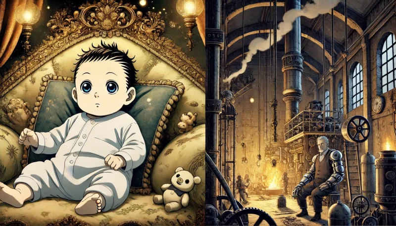 豪華な部屋でぬいぐるみに囲まれて寝転ぶ大きな赤ちゃんと、配管が入り組んだ暗いボイラー室で働く年配の男性が対比的に描かれたアニメ風イラスト。世代と役割の違いを象徴している。