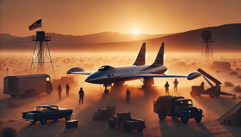 モハーヴェ砂漠の夜明け、ベルX-1機のそばで飛行準備を整えるテストパイロットたちを描いたシーン。日の出前の静けさと緊張感が漂う。