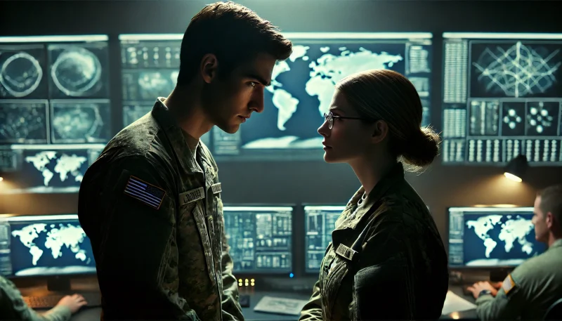 軍事オペレーションルームで対面する兵士と女性指揮官が、互いの目をまっすぐ見つめ合う緊迫の一瞬。静かな信頼と尊敬がにじむ、リアルで重厚な描写。