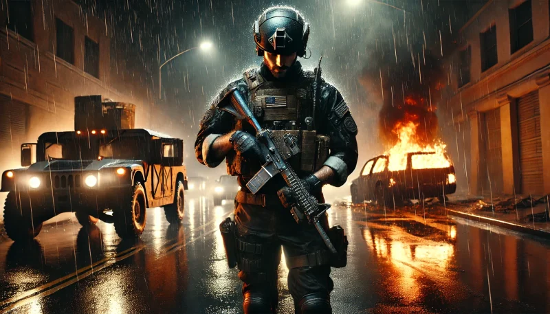 焼け落ちた車両の前に立つ、雨に濡れた精鋭ネイビーシールズ兵士の緊張感あふれるシネマティックな場面。悲しみと復讐の決意がにじむ表情が印象的。