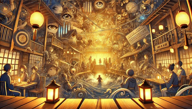 - 幻想的な湯屋の風景に、多様なキャラクターや細かな演出が散りばめられたアニメ調のイラスト。視線や仕草、光の表現まで緻密に描かれ、繰り返し観るたびに新たな発見がある世界観を示している。