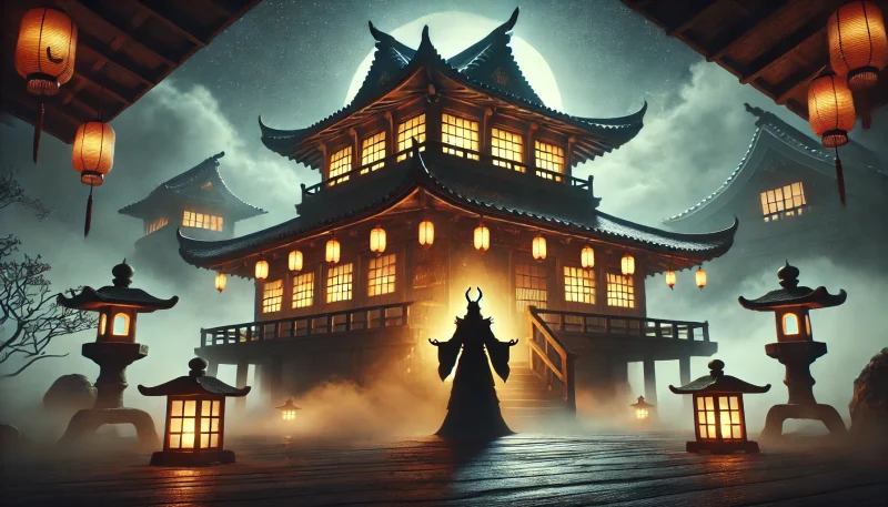 夜の霧の中に浮かび上がる幻想的な日本風の湯屋。バルコニーから支配者のように見下ろす影の魔女の姿が、不気味さと神秘性を演出している。