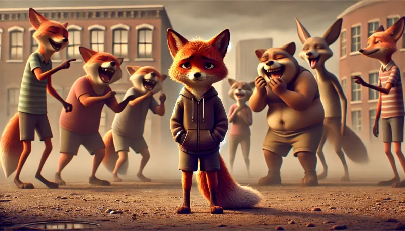 都会の校庭で、大きな動物たちに囲まれいじめられ、口輪をはめられた幼いキツネ。孤独と傷つきがにじむ感情的な場面。