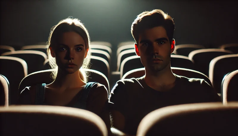 暗い映画館で戦争映画を観終わった直後、無言で座るカップル。重苦しい雰囲気が気まずさと沈黙を表現している。
