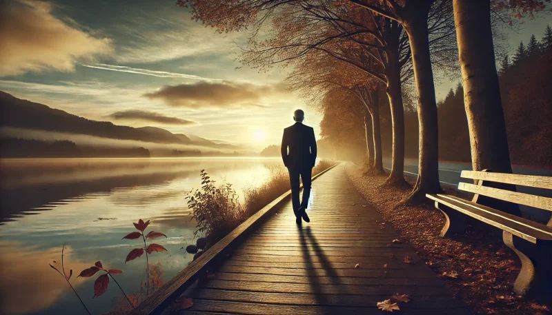 静かな湖畔の小道を夜明けに一人歩く中年男性。穏やかな水面とやわらかな朝の光が、過去との和解と前進の象徴となるシーン