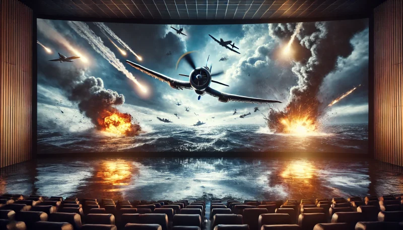 第二次世界大戦の激しい空中戦を描いた臨場感あふれるシーン。戦闘機が海上を低空飛行し、爆発と銃撃が飛び交う。