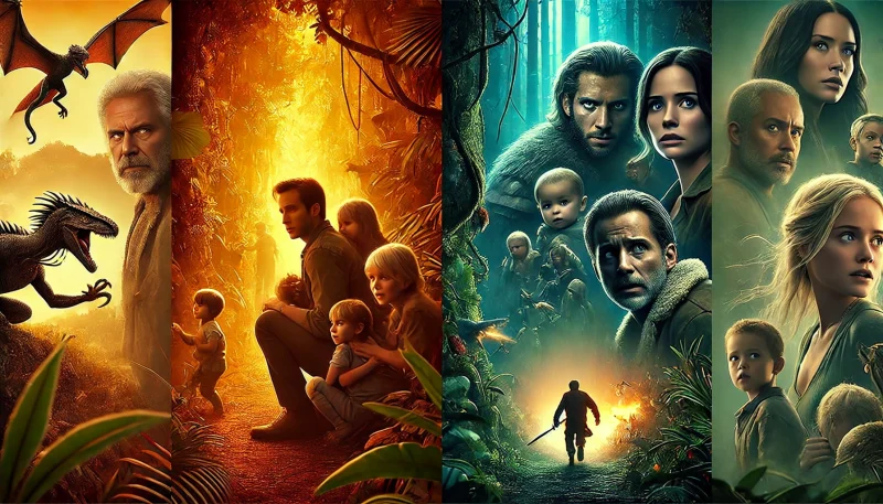 左側に退屈そうに隠れる家族のジャングルシーン、右側に感情が高まる家族の絆とアクションの場面が描かれた、ストーリー性の比較を示すファンタジー映画の対比構図。