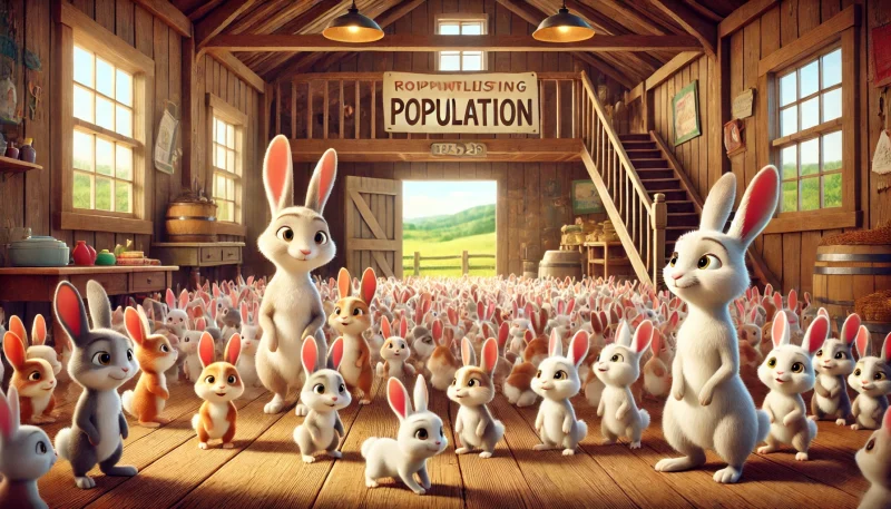 田舎の温かみあるウサギの家の中で、何十匹もの子ウサギたちが元気に走り回り、大家族の日常がにぎやかに描かれたシーン。