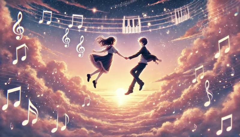 空を舞う少年と少女の周囲に音符が舞い、ピアノの旋律を視覚化した幻想的な構図。音楽が感情を包み込むように流れる様子を表現したアニメ風イメージ。