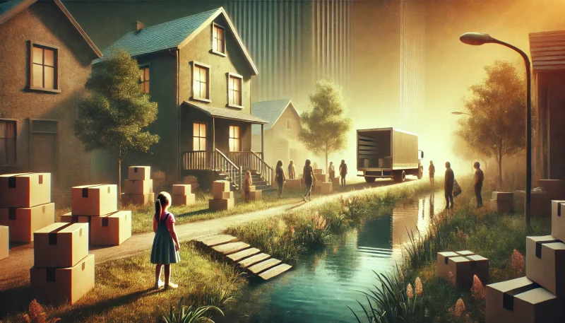 引っ越し先の現代的な家の前で荷物を運ぶ人々の中、近くの小川で何かを感じ取るように佇む少女。記憶と幻想が交錯するノスタルジックなシーン。