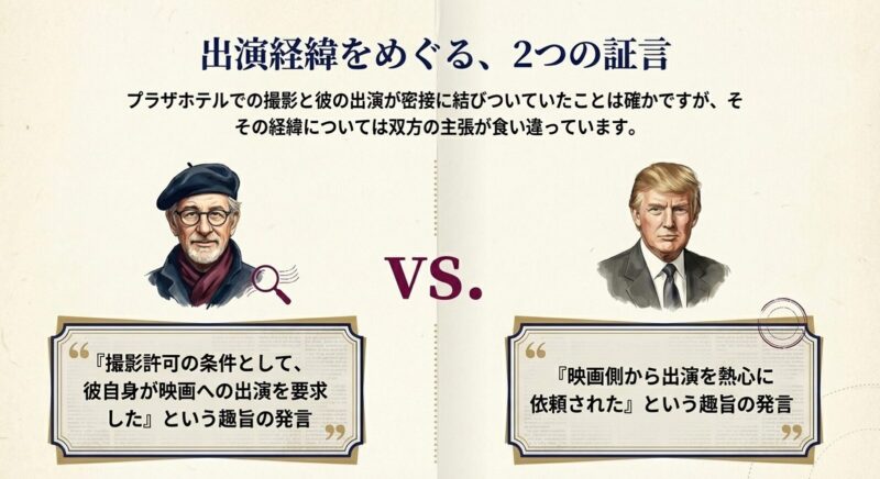 映画制作側とトランプ氏のイラスト。「条件として要求した」「熱心に依頼された」という双方の食い違う主張を対比させた図。