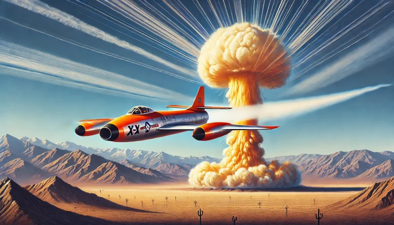 ベルX-1ロケット機がモハーヴェ砂漠上空で音速の壁を突破する瞬間を描いた歴史的シーン。青空と衝撃波が強調され、テストパイロットの勇敢さを象徴。
