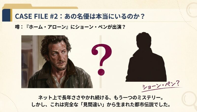 「ショーン・ペン？」という大きな文字とクエスチョンマーク。長年ネット上で囁かれている噂についての導入スライド。