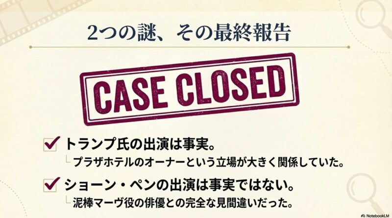 「CASE CLOSED（解決済み）」のスタンプ。トランプ氏の出演は事実、ショーン・ペンの出演は事実ではないという結論をまとめたチェックリスト。