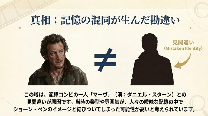 俳優ショーン・ペンと、泥棒役マーヴのシルエット比較。「見間違い（Mistaken Identity）」と記され、記憶の混同が原因であることを示す図。