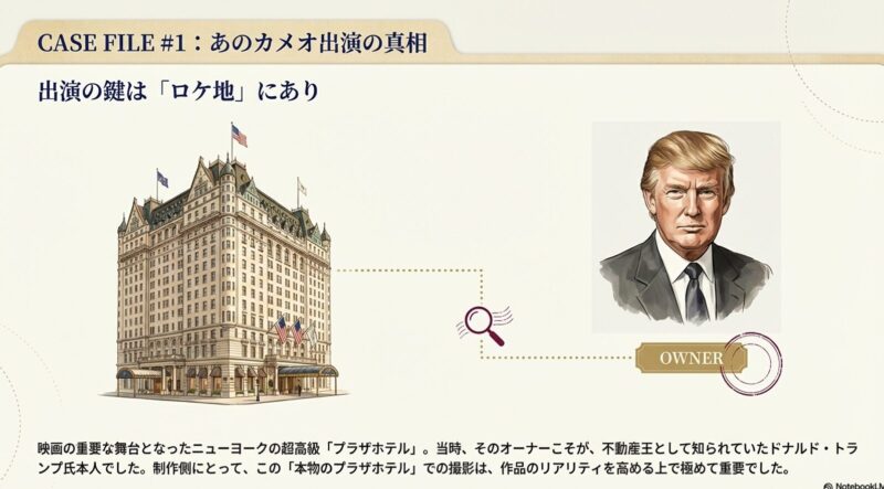 ニューヨークの象徴的なプラザホテルの外観イラストと、当時のオーナーであるドナルド・トランプ氏の肖像画。「OWNER」のスタンプ。