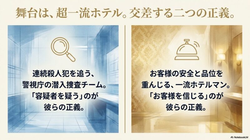 警察の「容疑者を疑う正義」とホテルマンの「お客様を信じる正義」の対比。