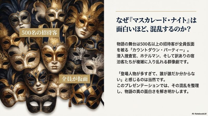 多数の豪華な仮面が並ぶ画像。500名の招待客全員が仮面を被るカウントダウン・パーティーが舞台であることを説明するスライド。