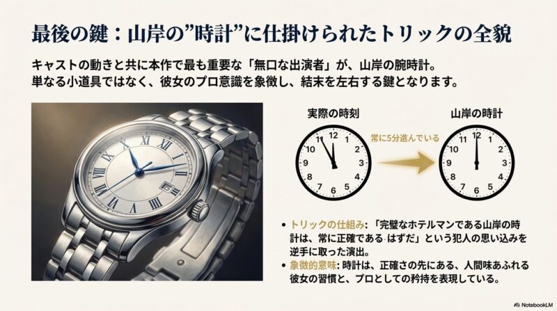 「常に5分進んでいる」と書かれた時計の比較図。山岸の正確さへの思い込みを逆手に取った、プロ意識を象徴するトリックの解説。