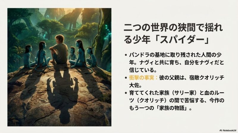 ナヴィの子供たちと岩場に座る人間の少年スパイダーの姿に、クオリッチとの血縁関係や心の葛藤を記したスライド。